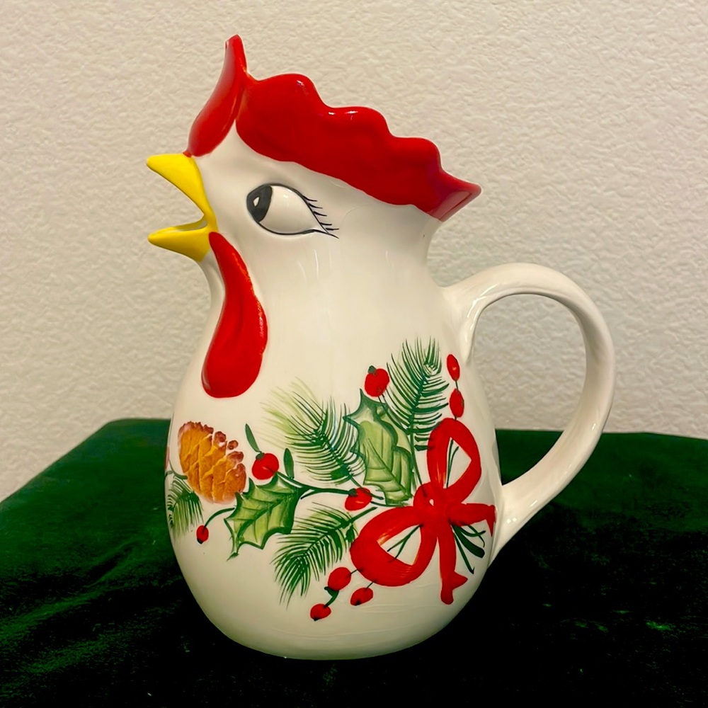 Ceramic white rooster pitcher with hand painted Christmas Holly design by Ancora